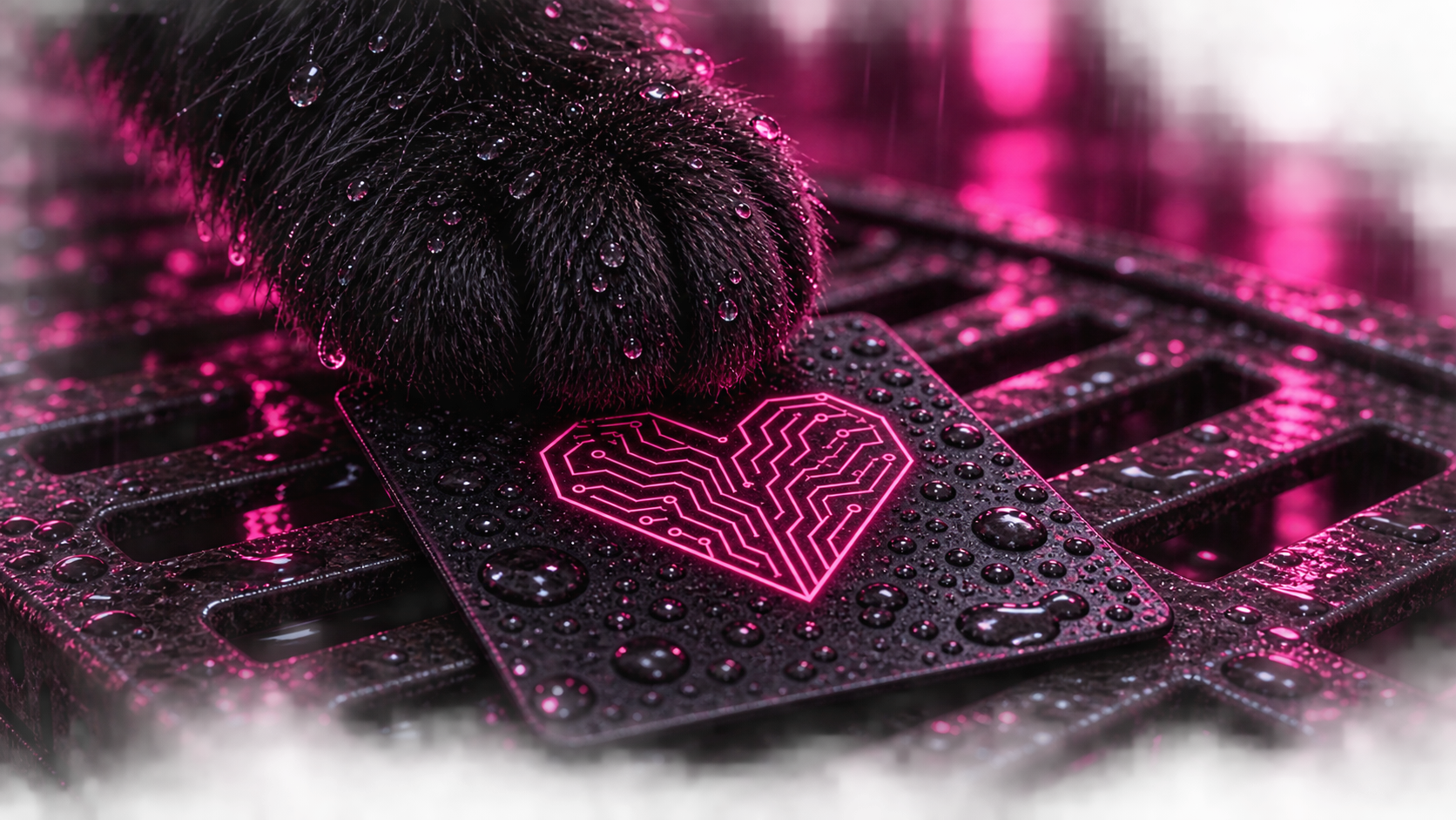 Extreme close-up of Dealer's rain-wet black paw pressing a single black card marked with a glowing pink circuit-heart