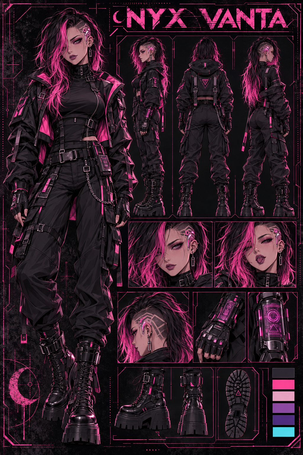 Nyx Vanta character sheet with front, side, and back views plus hairstyle, boot, and gauntlet details