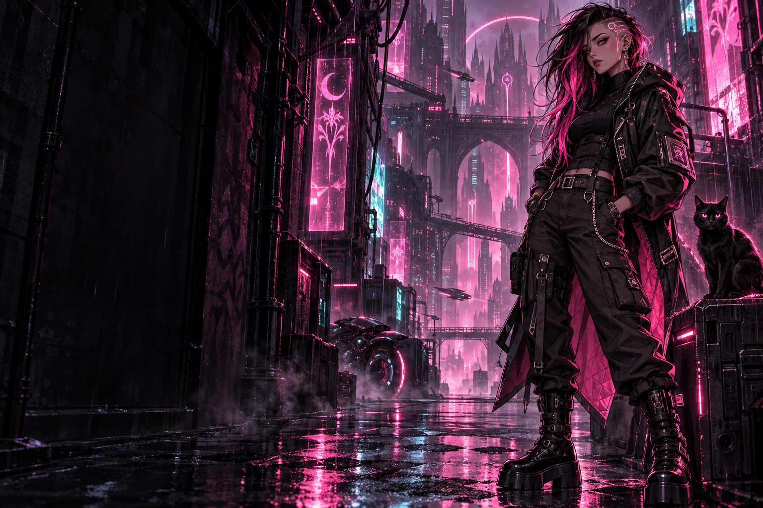 Nyx Vanta in black cyber-goth techwear under pink neon rain